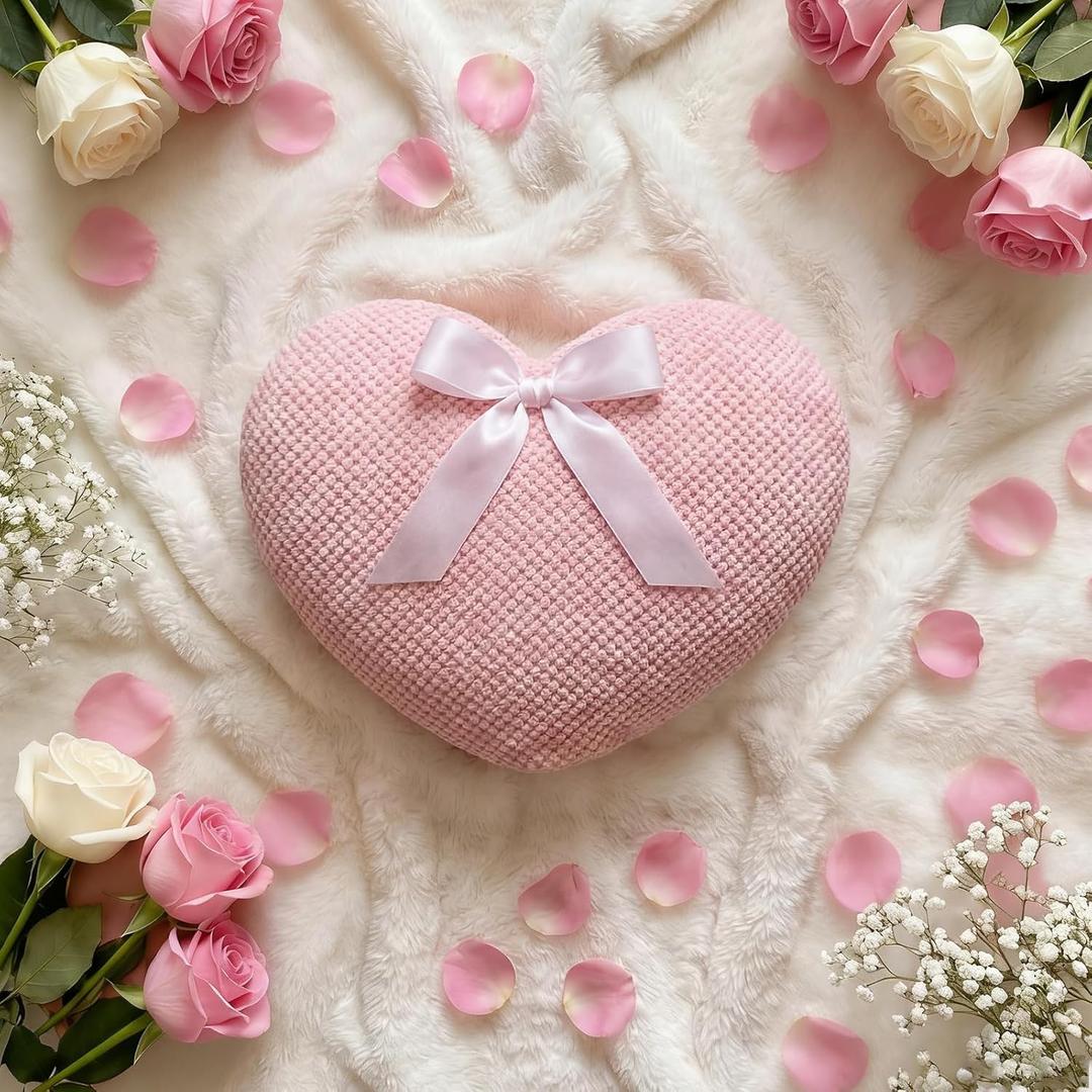 Yerliker Valentine's Day Pink Heart Pillow with Bow Cute Throw Pillow Corduroy Coral Fleece Cushion Covers for Couch Sofa Bedroom Wedding Anniversary Housewarming Gift Decor(1,11 x 10 Inch)