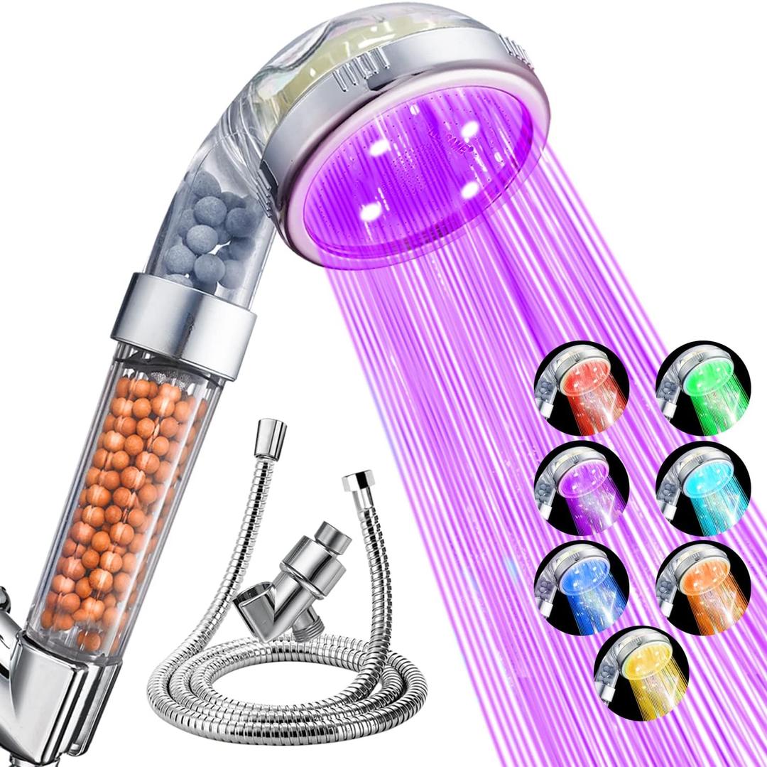 Nosame Led Shower Head with Hose and Bracket, Filter Filtration High Pressure Water Saving 7 Colors Automatically No Batteries Needed Spray Handheld Showerheads 1.6 GPM for Dry Skin & Hair