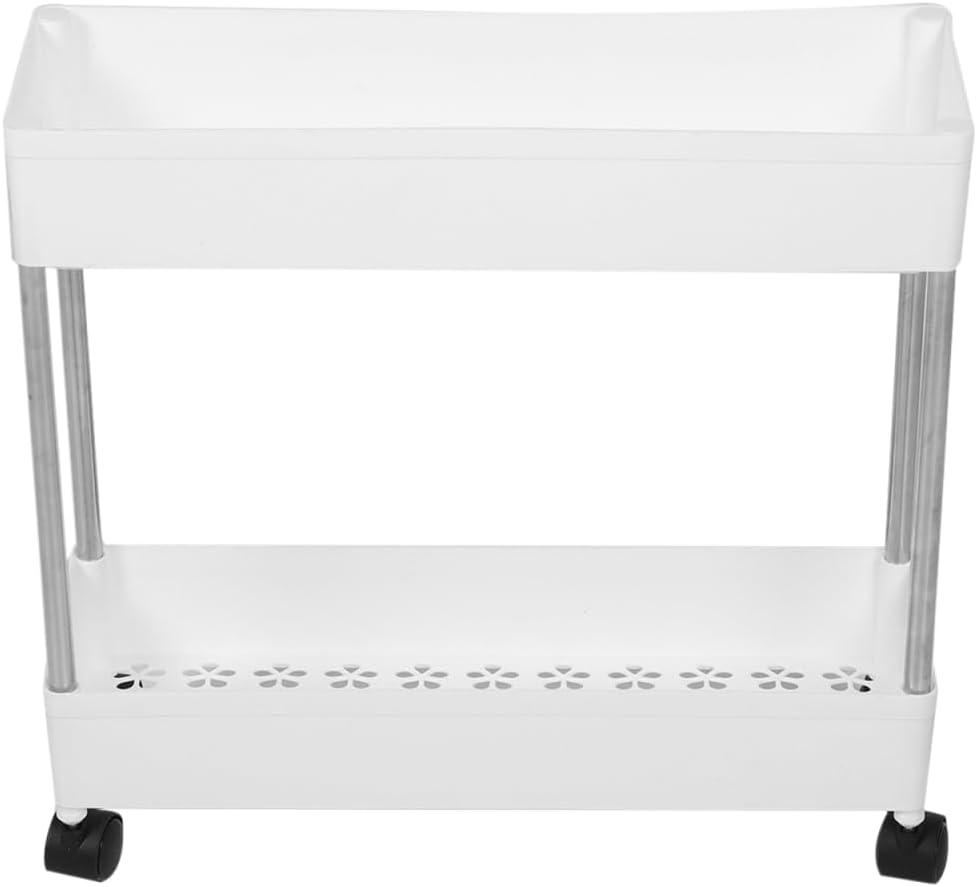 Housoutil Slim Rolling Storage Cart, 2-Tier Mobile Shelving Unit, White Plastic and Iron Trolley Rack for Kitchen, Bathroom, Office, Laundry Room, 15.74 X 15.74 X 5.11 Inches