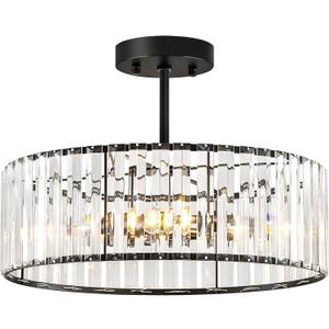 Pevfah Crystal Black Ceiling Light, Modern Semi Flush Mount Ceiling Lighting Fixture, Round Hallway Lighting Fixtures Chandelier for Kitchen Entryway Bedroom Dining Room, 3-Light, 15.7 Inch