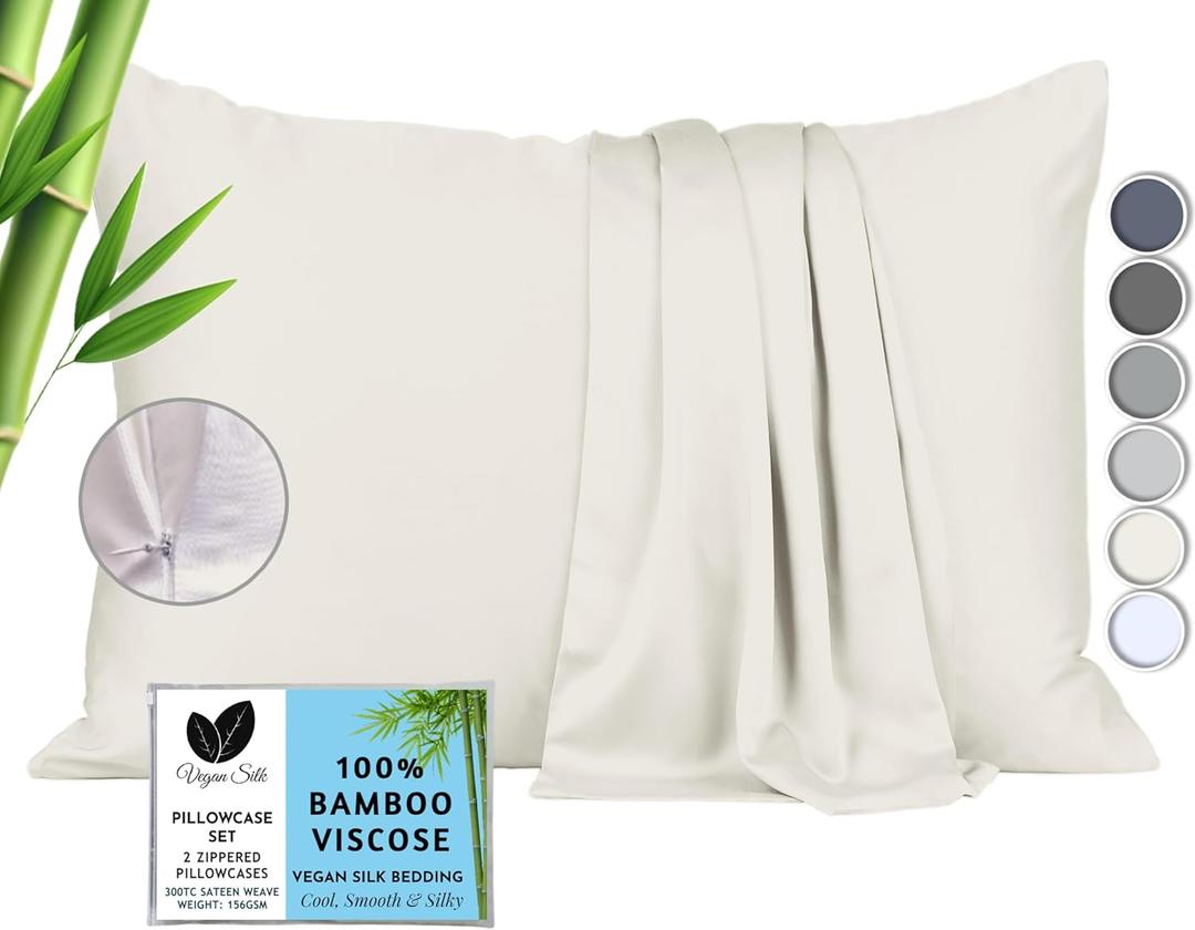 Pillow Cases - 100% Viscose Derived from Bamboo - Cooling Pillowcase - Queen Size, Cream, Set of 2 Zippered - for Hot Sleepers - Soft Pillow Covers - by Vegan Silk