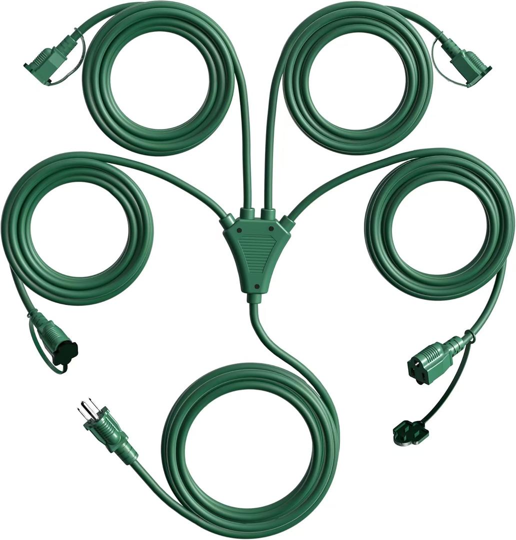 Eversimpleinc 1 to 4 Splitter Extension Cord (Combined 31 FT, End to End 13 FT), 3 Prong Plug with 4 Extended Outlets, with Weatherproof Covers for Indoor (Green)