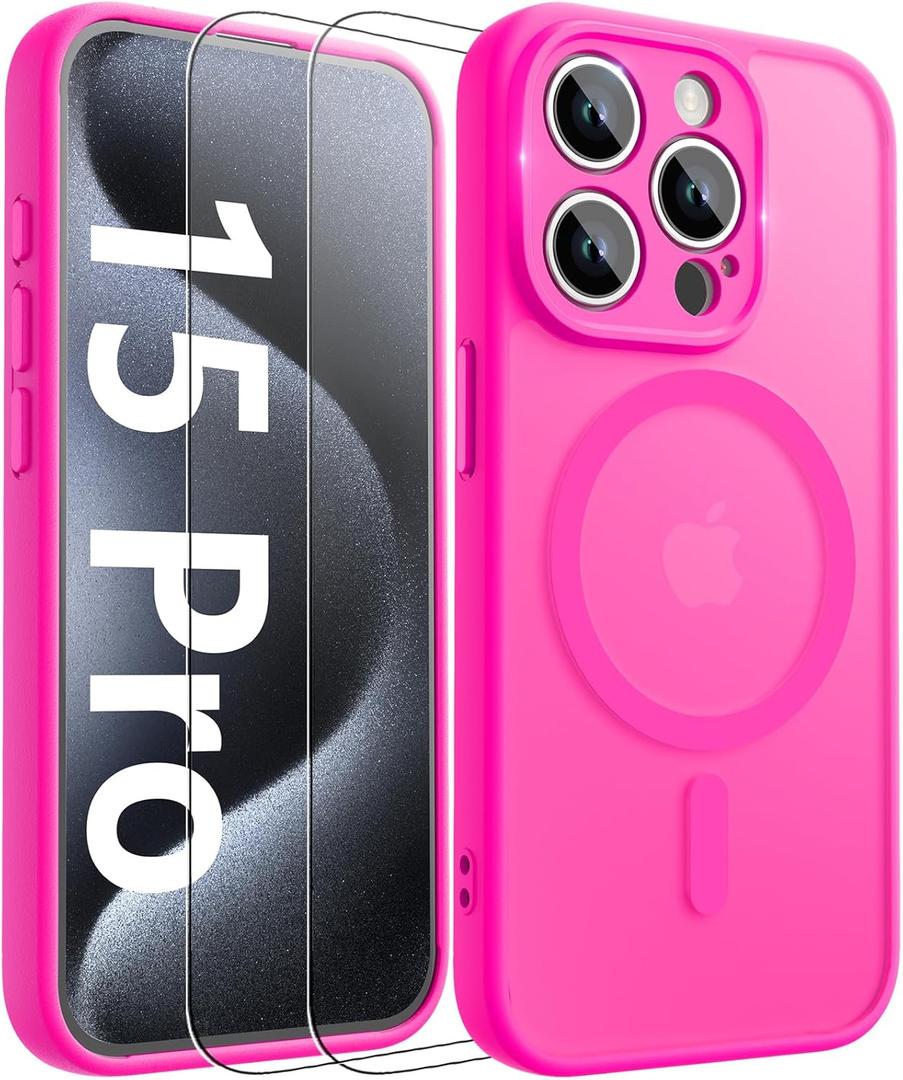 Innaght Magnetic for iPhone 15 Pro Case[Compatible with MagSafe][Camera Protection][2+Full Coverage Tempered Glass Screen Protector][Translucent Matte] Drop Protection Phone Case,6.1",Hot Pink