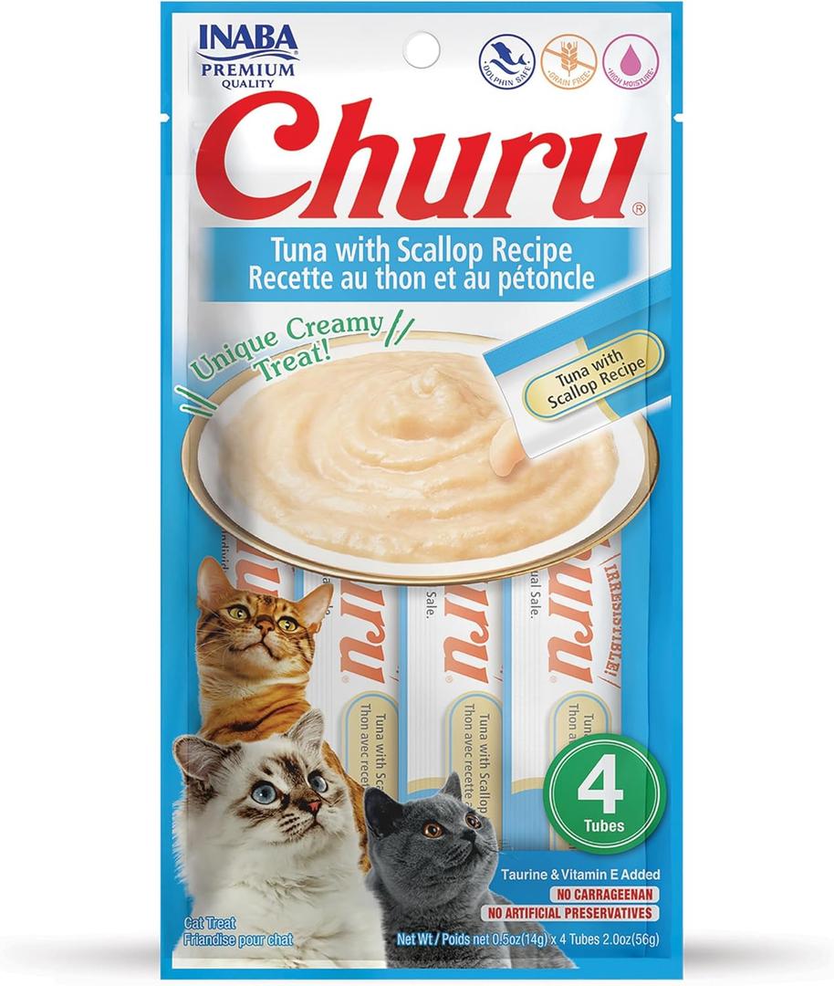 INABA Churu Cat Treats, Grain-Free, Lickable, Squeezable Creamy Pure Cat Treat/Topper with Vitamin E & Taurine, 0.5 Ounces Each Tube, 4 Tubes, Tuna with Scallop Recipe (EXP 03/19/26)