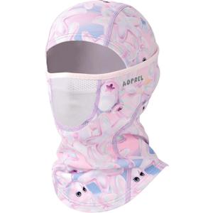 Kids Balaclava Ski Mask with Breathable Holes, Windproof Fleece Full Face Mask for Cold Weather Boys Girls (Pink Purple Bear)