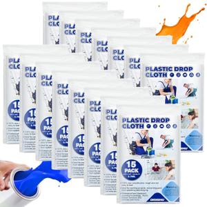 15 Pack Plastic Drop Cloths for Painting 9x12 Feet, Extra Thick Clear Plastic Painters Drop Cloth, Disposable Paint Plastic Covering Tarp, Waterproof Plastic Dust Sheets for Covering Furniture
