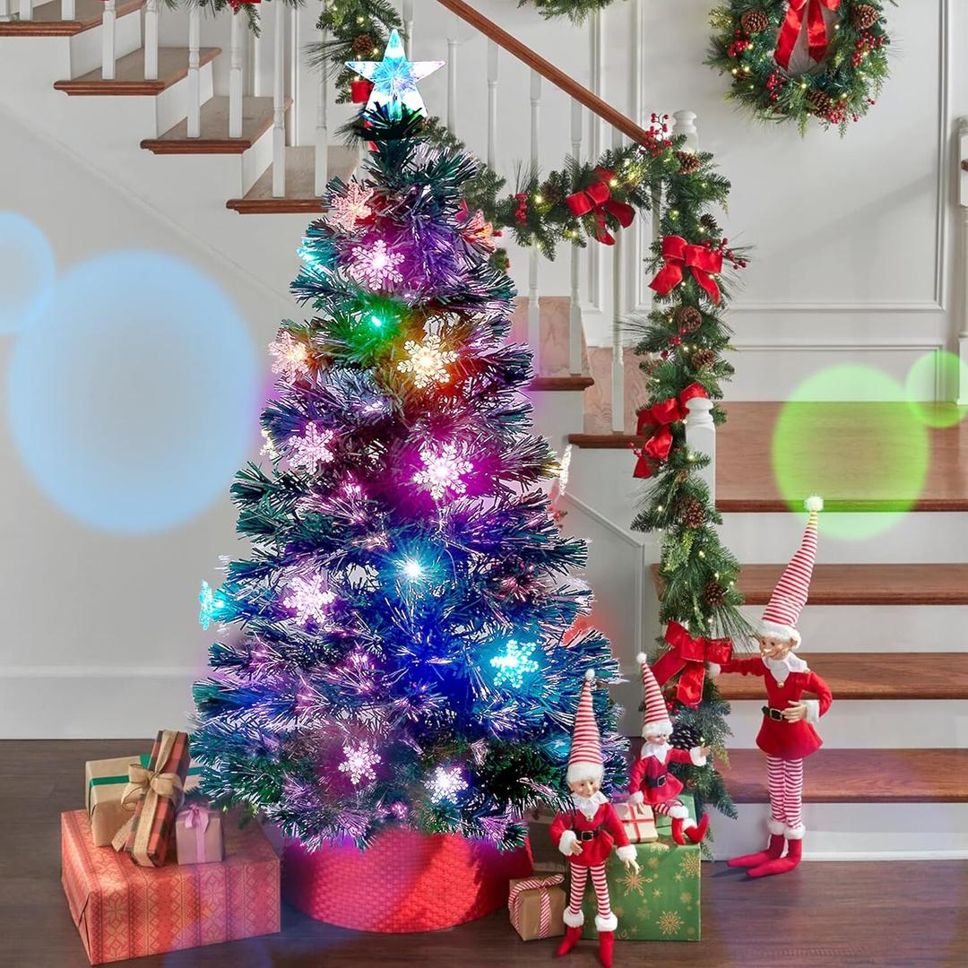 Juegoal 5 ft Pre-Lit Artificial Christmas Tree, Lighted Optical Fiber Xmas Trees with RGB Color Changing LED Lights, Snowflakes & Top Star, Festive Party Holiday Fake Multicolored Tree with Metal Legs (Green)