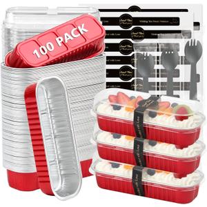 Ruckae 100 Pack Mini Loaf Pans with Lids and Spoons Stickers Disposable Aluminum Tin Foil Pans Rectangle Mini Loaf Cake Pan for Baking,Party,Picnics,Gifts(Red)