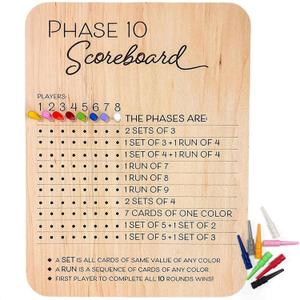 Phase 10 Score Board - 2025 Phase 10 Scoreboard Game, Phase 10 Card Game Wooden Made with 8 Colored Pegs, Phase 10 Scoreboard Round Tracker Board Card Games Night Table Score for Families, Adults