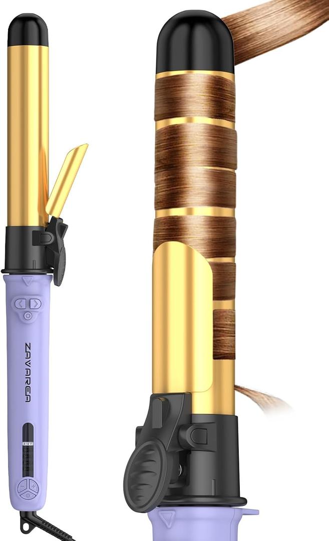 Rotating Curling Iron 1 1/4 Inch, Upgraded ZAVAREA Automatic Curling Iron with Extra-Long Barrel, Dual Voltage Self Curling Wand 1.25" Hair Curler (Purple-gold)