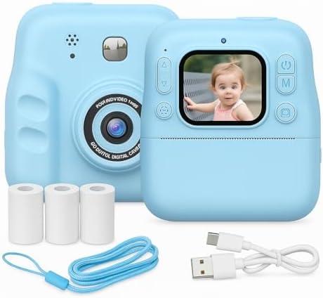 Instant Print Camera for Kids, 2.4" HD Screen, Dual 0.3MP Cameras, 1080P Video Recording, Built-in MP3 Player & Fun Games, Includes Printing Paper & Lanyard, Ideal Birthday (Blue)