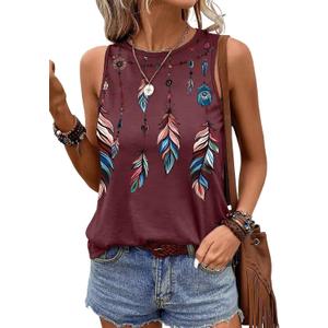 SHEWIN Womens Feather Print Graphic Tank Tops Crewneck Sleeveless Loose Fit Summer Tops (L)
