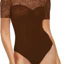 SEBOWEL Women Sexy Floral Lace Mesh Bodysuit Short Sleeve Sheer See Through Mesh Bodysuit Tops Going Out Tops Romper Clubwear, Brown, M