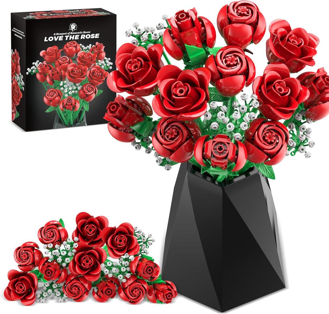 Red Rose Bouquet Building Set, 960PCS Roses Flowers Artificial Flowers Botanical Collection Blocks Kit for Adults Women Gift for Valentines & Mother's Day Home Decor Flower Decorations