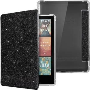 CoBak Case for Kindle Paperwhite 12th Gen 2024 (7") & Kindle Colorsoft Signature Edition (7") - New PU Leather Cover and Clear Soft Silicone Back Cover with Auto Sleep Wake Feature (Glitter Black)