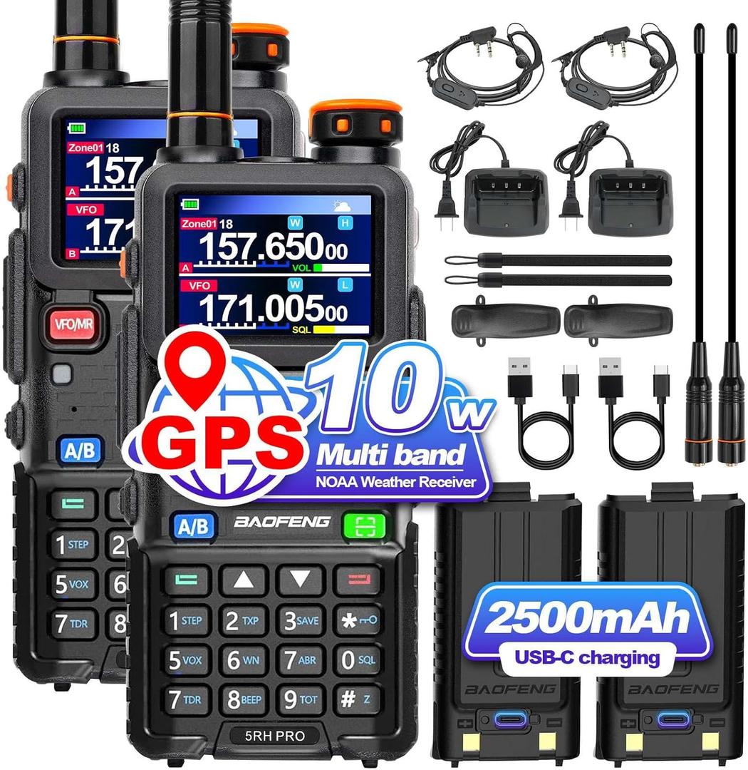 BAOFENG 5RH PRO GPS 10W Tri Band Ham Radio Long Range Handheld Two Way Radio,640CH,NOAA Weather Receiver,Walkie Talkies with Earpiece,USB-C Rechargeable 2500mAh Battery,Upgrade of baofeng 5RM,2 Pack