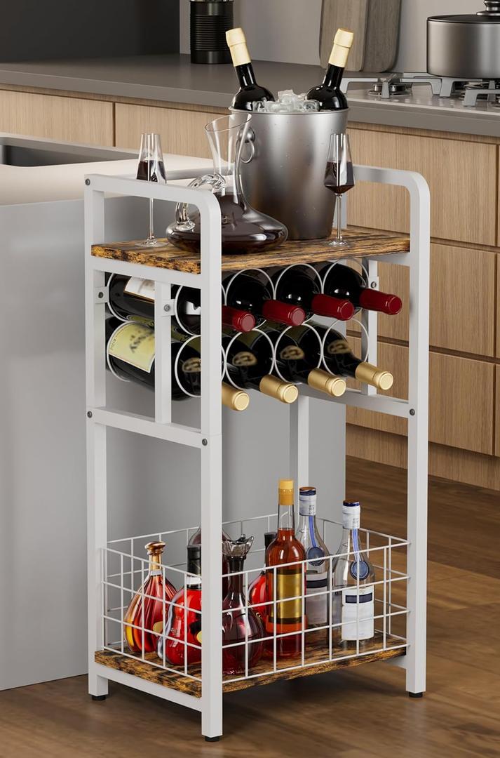 Ansionsol 3Tier Wine Rack Freestanding Floor with Wood Top, Liquor Stand with Wine Bottle Holder, Corner Wine Bar Table for Small Space, Metal Whiskey Shlef for Kitchen, Cellar, Living Room, White