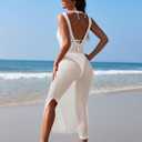 HUUSA Women's Crochet Swimsuit Cover Up Sleeveless Hollow Out Bathing Suit Coverup Sexy Backless Split Long Beach Dress (White, M)