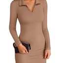 VICHYIE Women Fall Dress Lapel Collared V Neck Bodycon Ribbed Long Sleeve Tight Mid Thigh Pencil Above Knee Mini Polo Dresses Khaki L