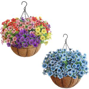 Artificial Hanging Plants Flowers with Basket 2 Packs, Artificial Hanging Flowers for Outdoors, Faux Hanging Plants Outdoor, Fake Flowers, Yellow+Purple+Pink+Red&Blue