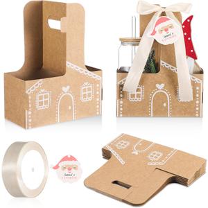Faccito 24 Set Christmas Teacher Student Gift Cup Drink Carrier with Handle 2 Cup Gingerbread House Kraft Coffee Drink Carrier with Greeting Card and Ribbon Christmas Classroom Gift
