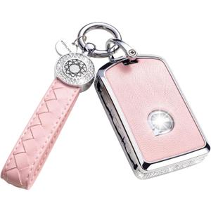 Key Fob Cover Compatible with Volvo, Pink Leather Crystal 360 Degree Protection Key Shell Case for XC90, XC60, XC40, S60, S90, V60, V90, Polestar 1, Polestar 2