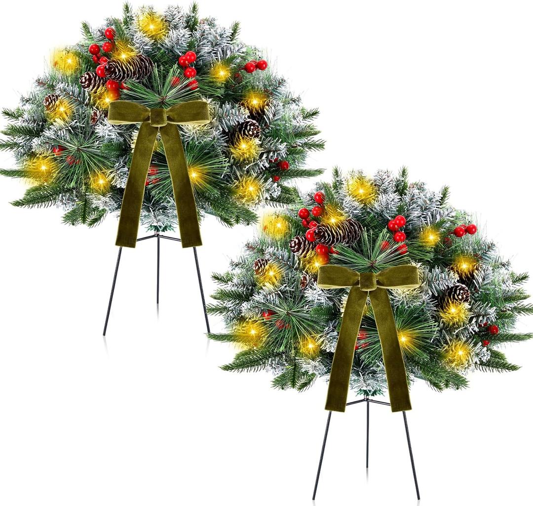2 Pack 18" Lighted Outdoor Christmas Urn Filler with Remote & Timer, 60 LEDs Pre-lit Snowy Artificial Xmas Tree Planter Insert, Velvet Bows for Front Porch, Yard Decor(Olive Green)