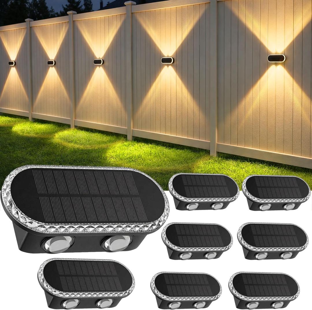 Solar Fence Lights Outdoor: IP65 Waterproof Wall Lighting with Dual Focused LED Up Down - 3000K/4000K/6000K 10-12H Lasting - Easy to Install for Backyard Patio Porch, 8 Pack