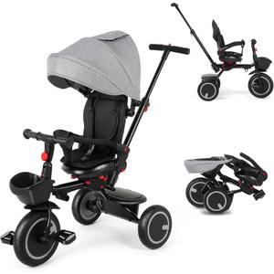 Baby Tricycle, 6-in-1 Folding Kids Trike with Removable Push Handle, Rotatable Seat, Adjustable Canopy, Storage Box, Safety Harness, Balance Bike, Toddler Trike for 7 Months - 5 Year Girls and Boys (Grey)