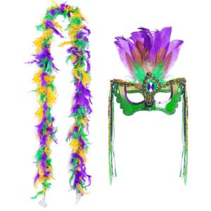 Sucrain Carnival Masquerade Mask and 71 Inch Mardi Gras Feather Boa for Women Costume Party Supplies