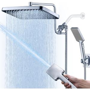Polished Chrome 13 Inch Shower Head Combo - High Pressure Waterfall Rain Shower Head With Handheld Spray, 12 Inch Extension Arm
