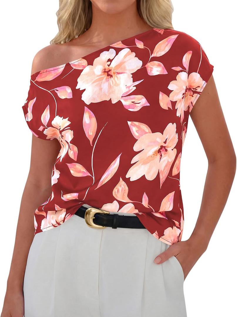 Zenlonr Womens Off The Shoulder Tops 2026 Summer Casual Short Sleeve T Shirts Boho Floral Blouse Trendy Going Out Tops (M)
