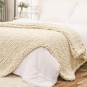 Bigacogo Chunky Knit Throw Blanket for Couch, 51x63 inches, 100% Hand Knitted with Thick Jumbo Chenille Yarn, Cozy Soft Large Rope Knot Cable Crochet Blankets for Sofa Bed Living Room, Beige