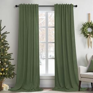Pitalk Olive Green Curtains 102 Inch Length for Living Room 2 Panels Back Tab Pocket Linen Sheer Semi Light Weight Breathable Airy Flowy Loden Green Boho Curtain for Bedroom Bay Window 8.5 FT Long, 52"W x 102"L (Pack of 2)