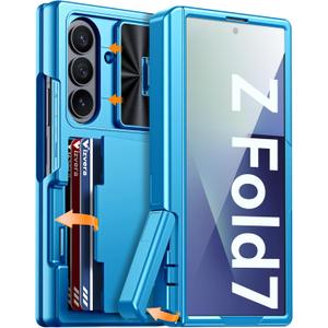 Vizvera for Samsung Galaxy Z Fold 7 Case RFID Wallet with Cards Holder[Kickstand][Camera Cover] Shockproof Silicone Protective Phone Case for Z Fold 7 2025-Lake Blue