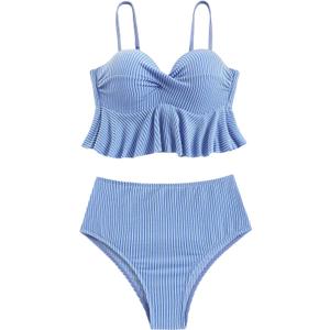 SHENHE Women's Push Up Tankini Swimsuit Tummy Control High Waisted Ruffle Hem Bathing Suit (Large, Blue)