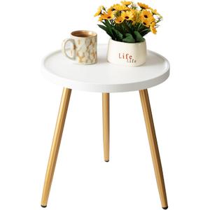 danpinera Small Round Side Table, Mini White Table with Wooden Tray & Metal Legged, Gold Side Table for Small Space, Living Room, Bedroom, Nursery, 14.96" D x 14.96" W x 17.52" H, White & Gold