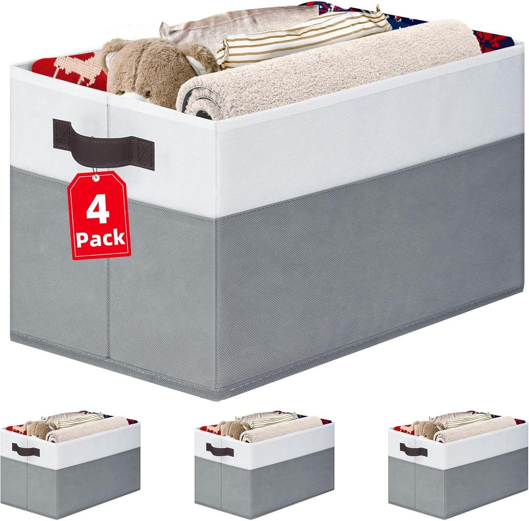 4 Pack Large Closet Storage Baskets Bins for Shelves | Fabric Closet Organizers and Storage with Handles Home Organization | Decorative Collapsible Baskets for Organizing Clothes Toy Nursery 14"x10" (White with Grey)