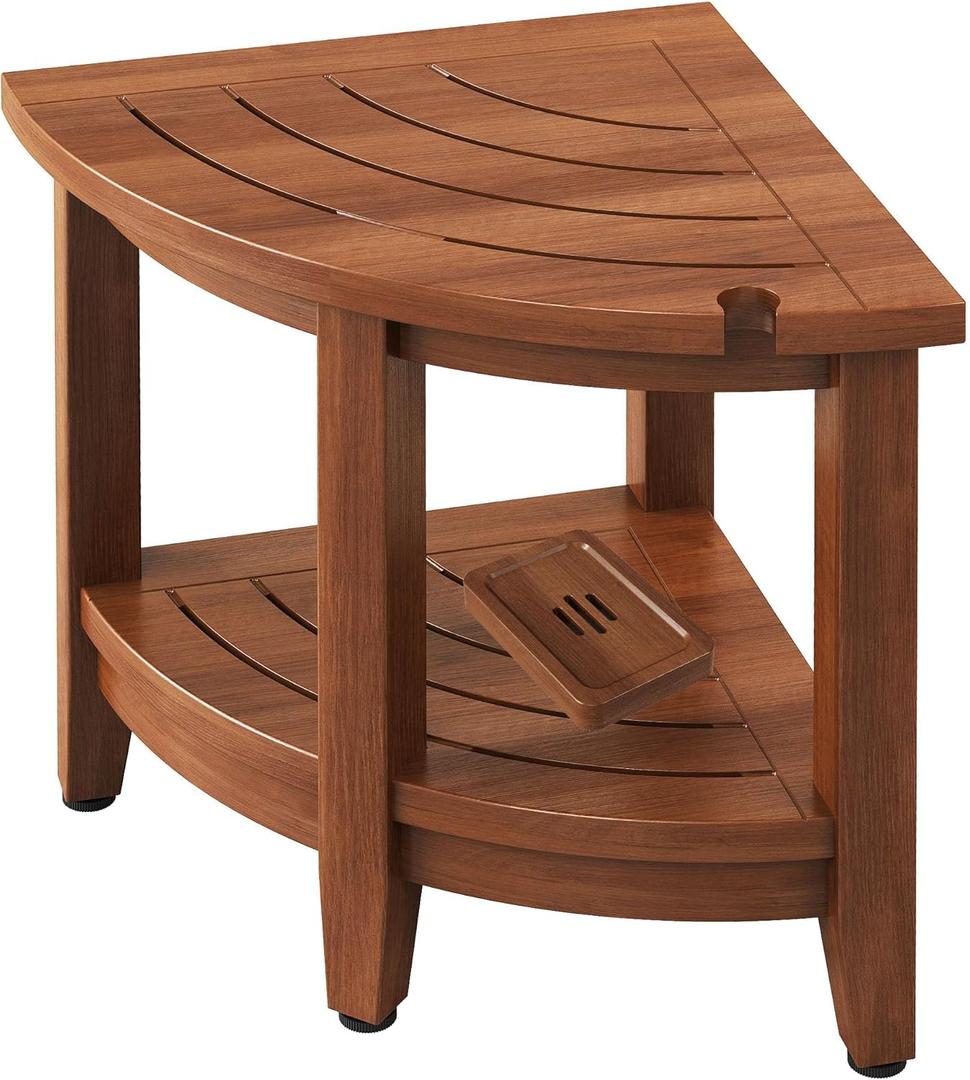 Teak Shower Bench for Corner, 18 inch Shower Chair Stool for Shaving Legs with Storage Shelf,Waterproof Bathroom Bench Seat for Elderly and Disabled Indoor Use