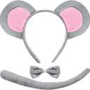 Mouse Costume Ears-Headband-Tail-Bow-Tie Accessories Set : Standing Up Grey and Pink Ears Headband and Tail, Bow Tie Mouse Halloween Accessories Set - for Adult Toddlers and Kids