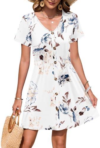 WNEEDU Women Summer Dresses Short Sleeve Casual Loose Swing Button Down Mini Dress Flowy Beach Sundress Size 2XL