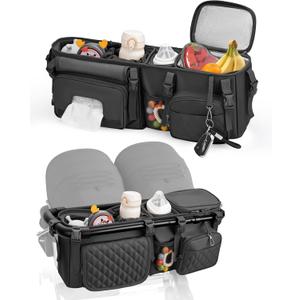 Double Stroller Organizer Bag for Bob Duallie and Baby Jogger City Mini Gt2, Double Stroller Caddy Organizers with Cup Holder,Parent Console Stroller Accessories with Cooler Pockets (Onyx Black)