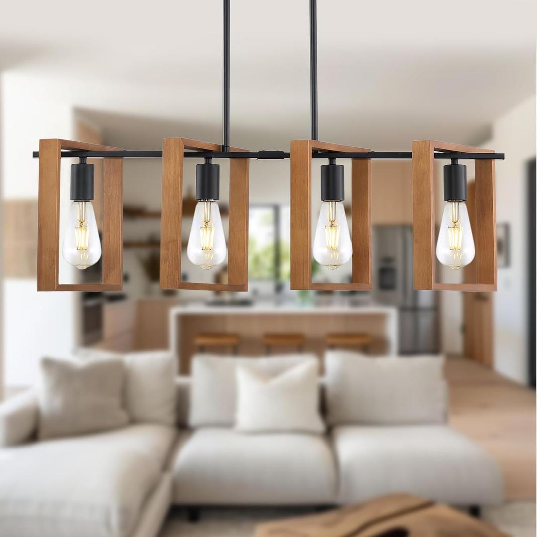 9MMML 4 Lights Island Light for Kitchen,Farmhouse Industrial Rectangle Pendant Light, Black Body+Wood Frame Vintage Chandelier for Dining&Living Room Pool Table Hallway Entryway Foyer,E26