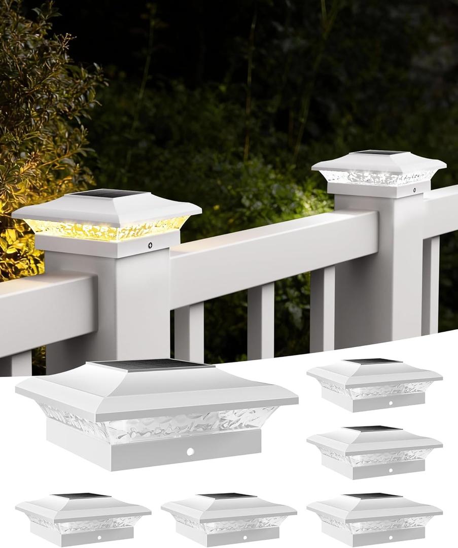 T-SUN 4x4 Post Cap Lights 6 Pack for Vinyl/Wooden Fence,Outdoor Waterproof Warm & Cool White, Deck Solar Post Lights for Patio Garden Yard Lighting