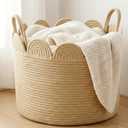 LemonRoad Brown Round Basket Large Blanket Basket 15.8"L x 15.8"W X13.8"H Scalloped Woven Baskets Cotton Storage Baskets for Nursery Classroom Closet Blankets Storage Home Decor