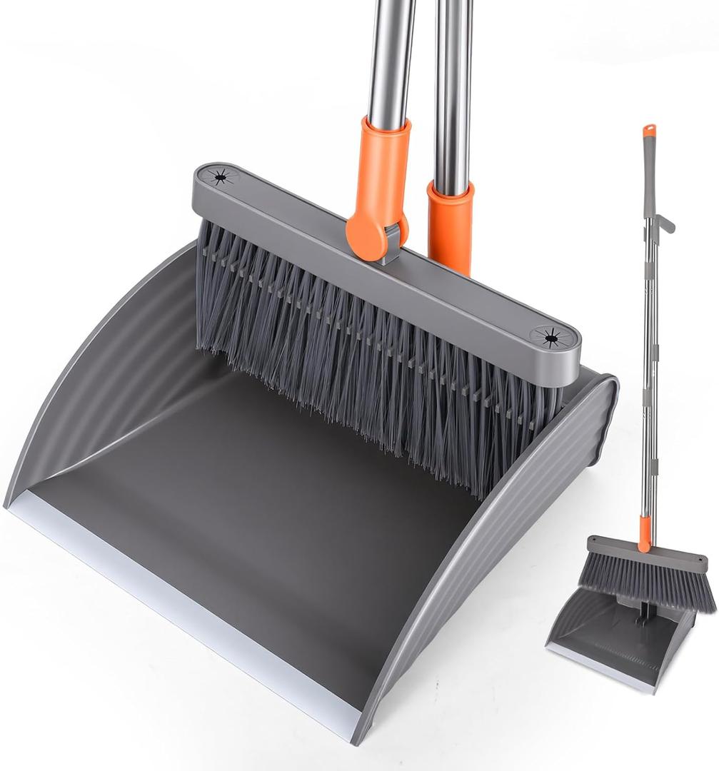 Broom and Dustpan Set, Self Cleaning with Metal Dustpan Teeth, Indoor&Outdoor Sweeping, Ideal for Dog Cat Pets Home Use, Stand Up Broom and Dustpan, Orange&Grey