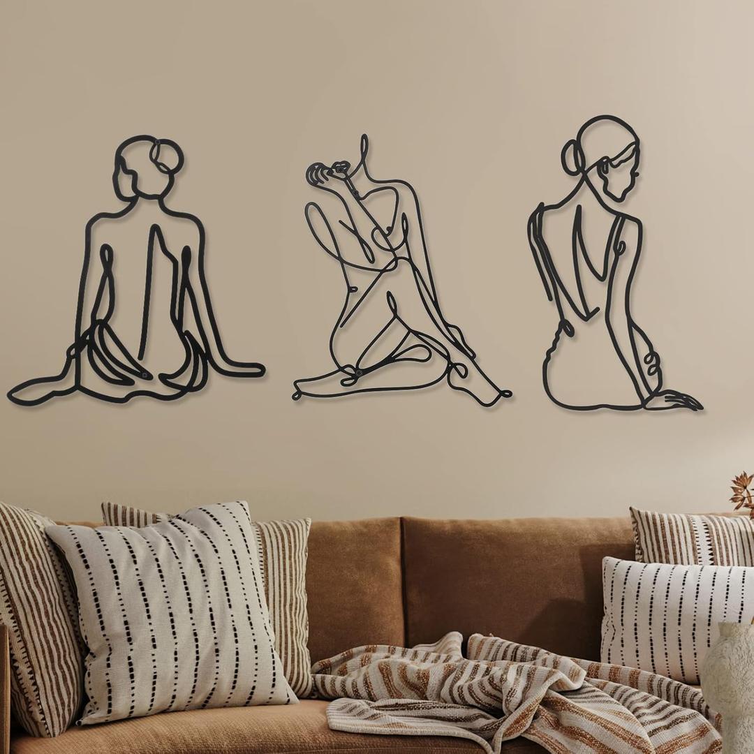 Photect 3 Pcs Metal Wall Art Decor Minimalist Abstract Woman Wall Art Metal Modern Line Drawing Decor Female Single Line Home Hanging for Bedroom Bathroom Living Room Christmas Housewarming(Vintage)