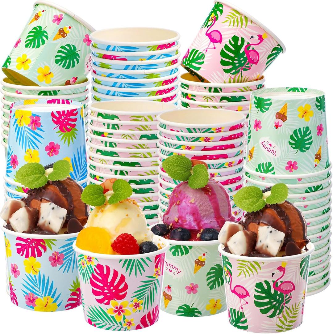 100 Pcs Hawaiian Ice Cream Cups Flamingo Ice Cream Bowls Bulk Paper Disposable Tropical Dessert Treat Bowls Snack Cups for Summer Birthday Hawaiian Flamingo Party Supply Decoration (6 oz)