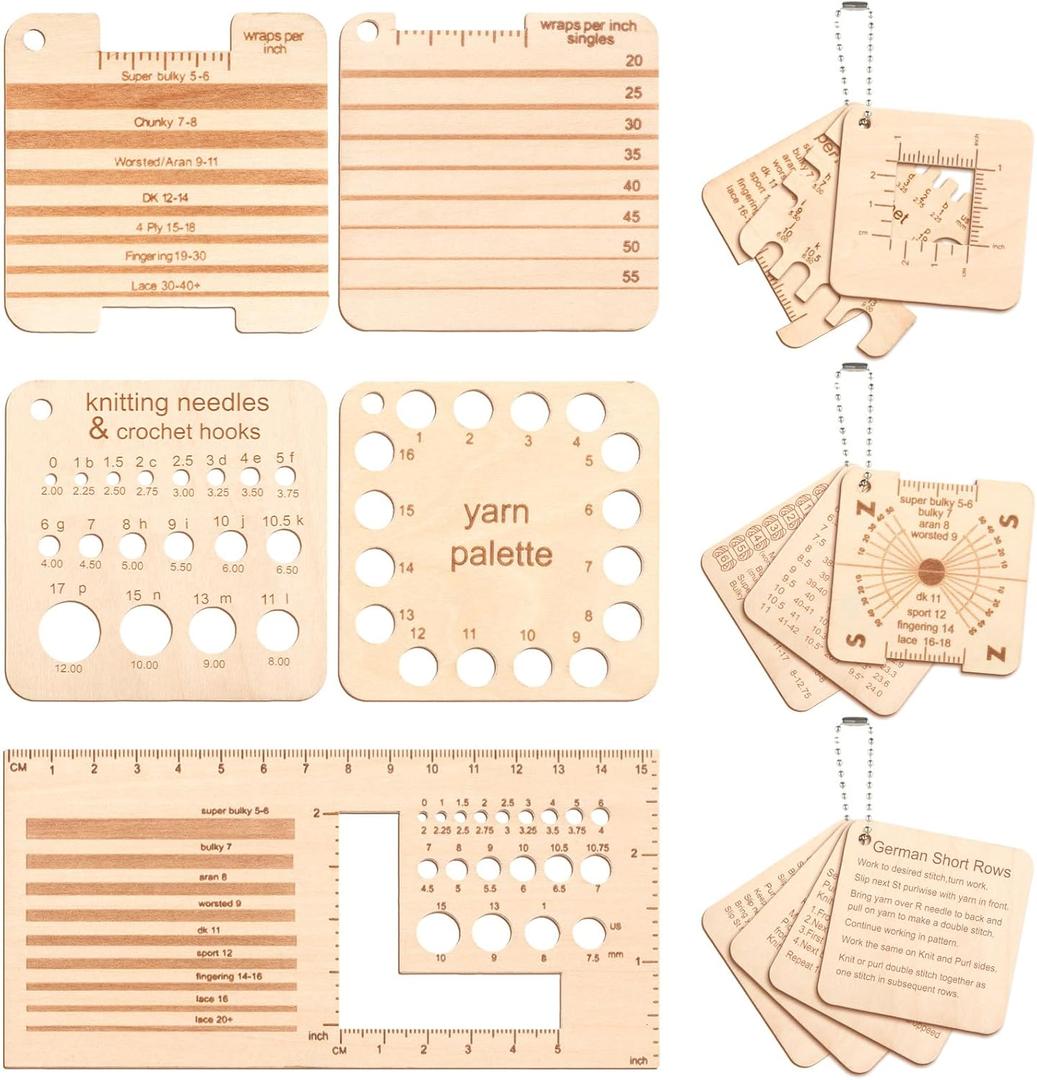 Eersida 15 Pcs Knitting Needle Gauge and Rulers Crochet Tools Knitting Accessories Wooden Yarn Gauge Tools with Chain Crochet Needle Rulers Yarn Measuring Tools