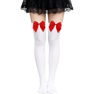 Parma77 Women's Satin Bow Stockings, Thigh High Stockings with Bows Over The Knee Socks, Thigh High Over Knee Stocking, Red